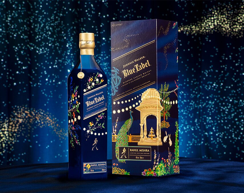 A bottle of Johnnie Walker Blue Label X Rahul Mishra Diwali Limited Edition