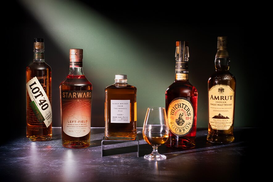 Bottles of whisky from Lot 40, Starward, Nikka, Michters and Amrut.