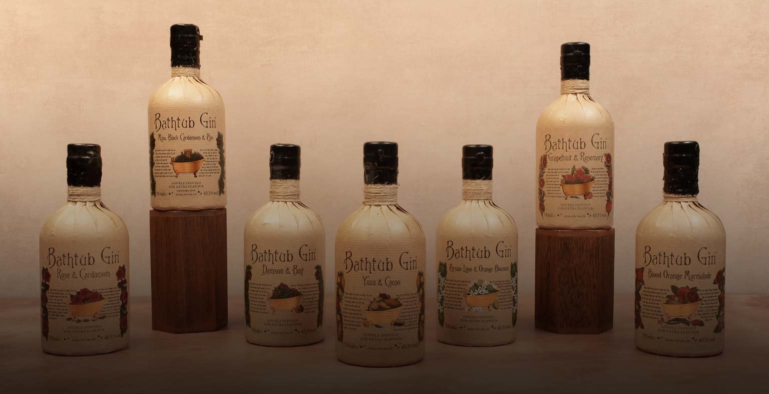 The Bathtub gin range lined up against a beige backing
