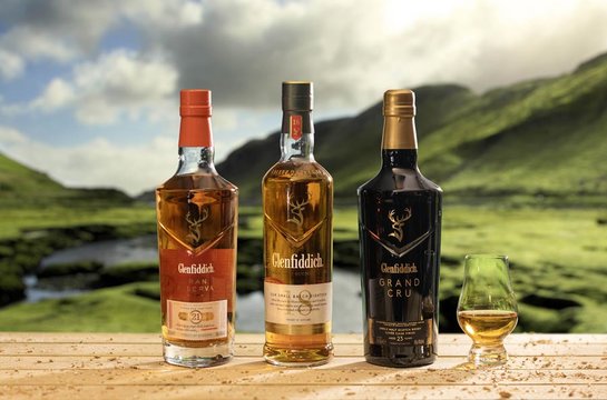 Three Glenfiddich bottles Scottish background