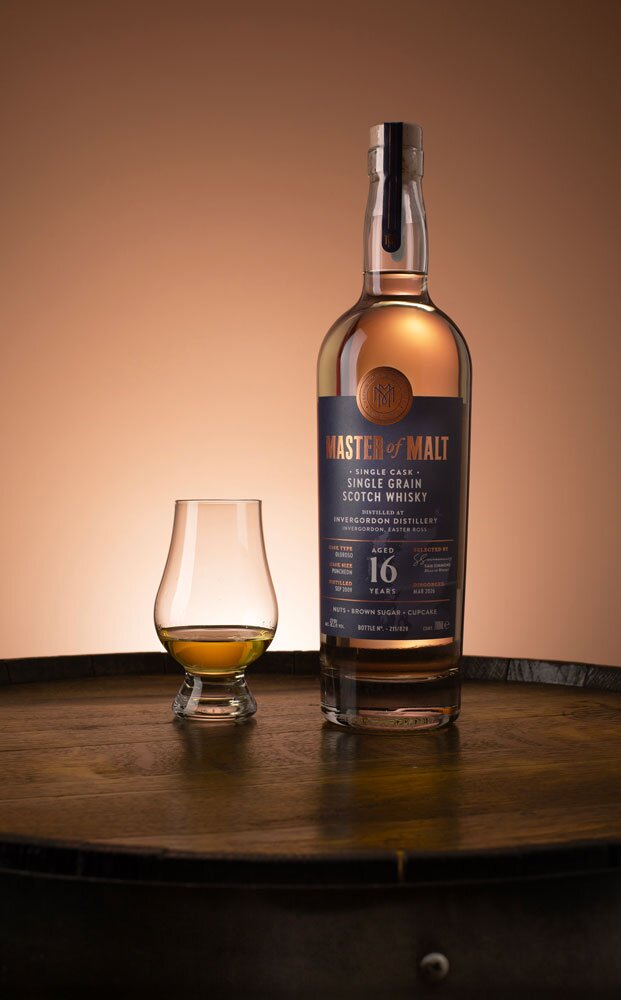 Invergordon 16 Year Old 2009 Single Cask Master of Malt bottle with Glencairn glass