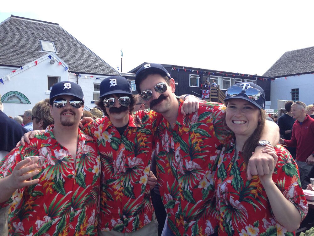 Team MoM all as Magnum PI at Bruichladdich distillery