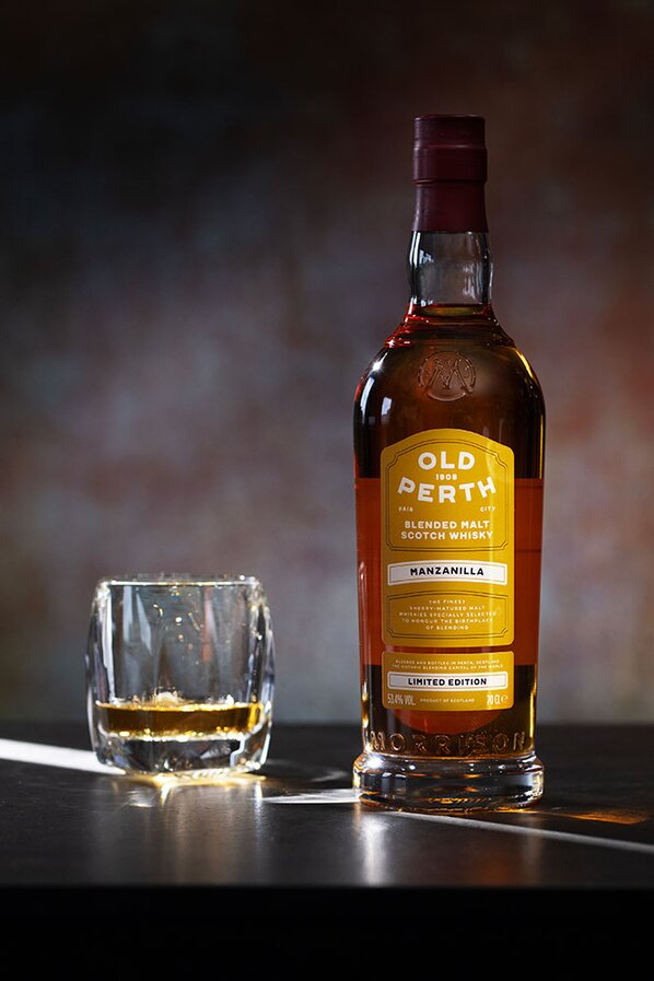 Old Perth Manzanilla Limited Edition whisky bottle with tumbler glass