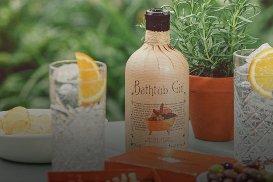 A bottle of Bathtub gin with two highball cocktails and a plant.