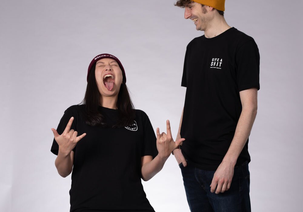 Phoebe rocking out during Master of Malt merch photo shoot
