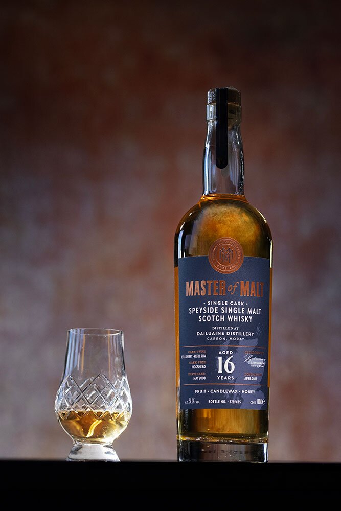 Dailuaine 16 Year Old 2008 Master of Malt whisky bottle with glass