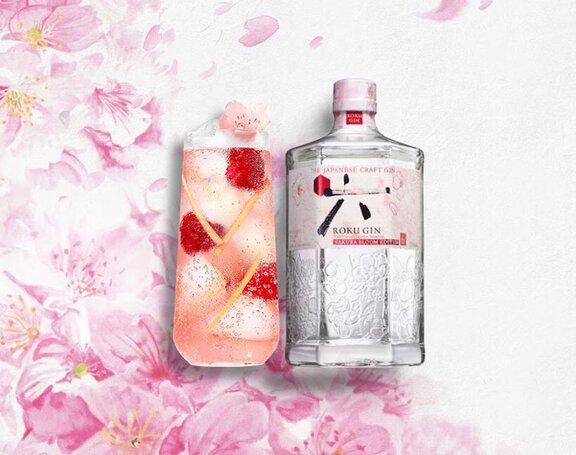 Roku Hanami Fizz cocktail and bottle of Roku Sakura Bloom.