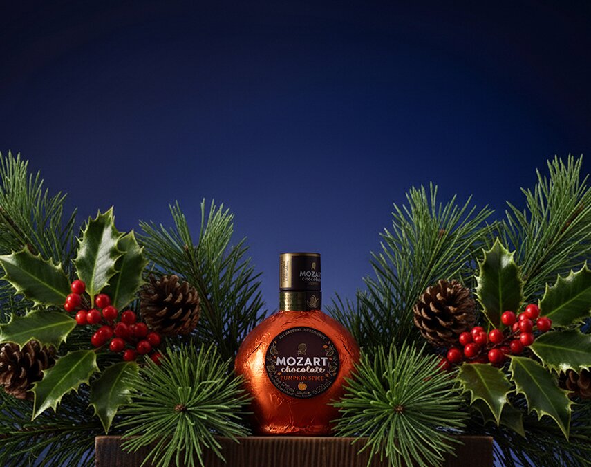 A bottle of Mozart Pumpkin Spice Chocolate Cream Liqueur