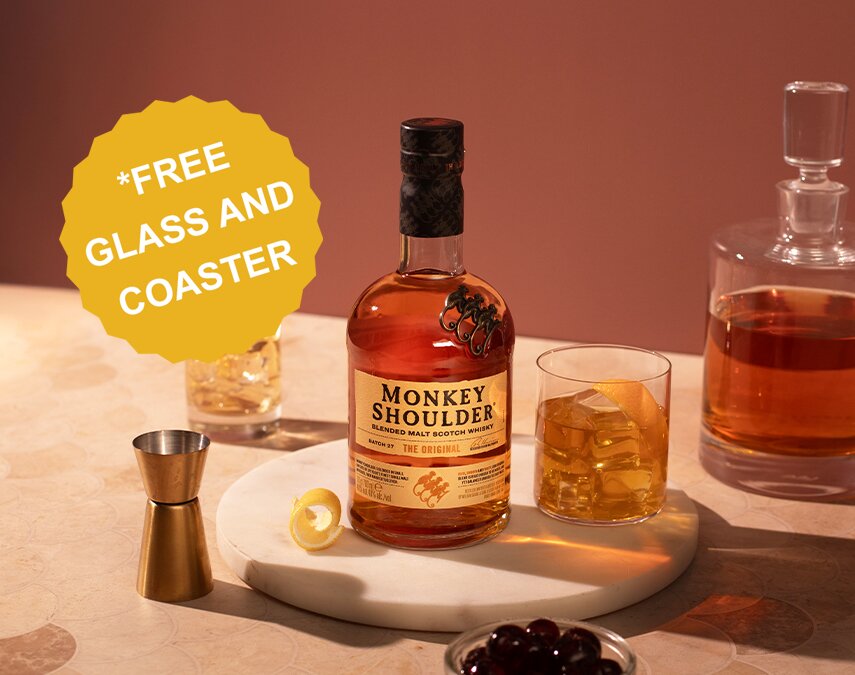 A bottle of Monkey Shoulder Original and an Old Fashioned.