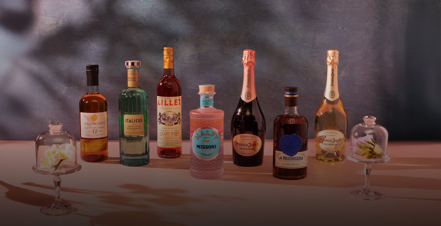 Bottles of Yellow Spot, Italicus, Lillet, Malfy Gin, Perrier Jouet and La Hechicera.