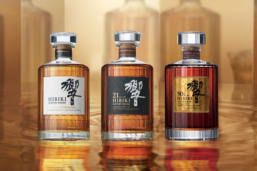 A bottle of Hibiki Harmony, Hibiki 21 year old and Hibiki 30 year old Japanese whisky.