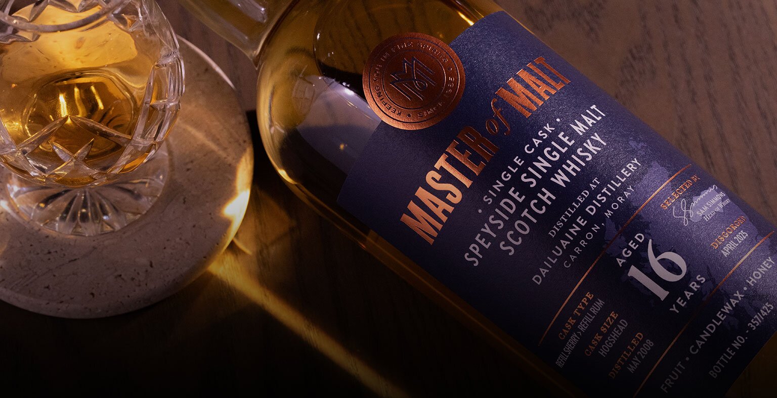 A botte of of Master Of Malt Whisky on a table