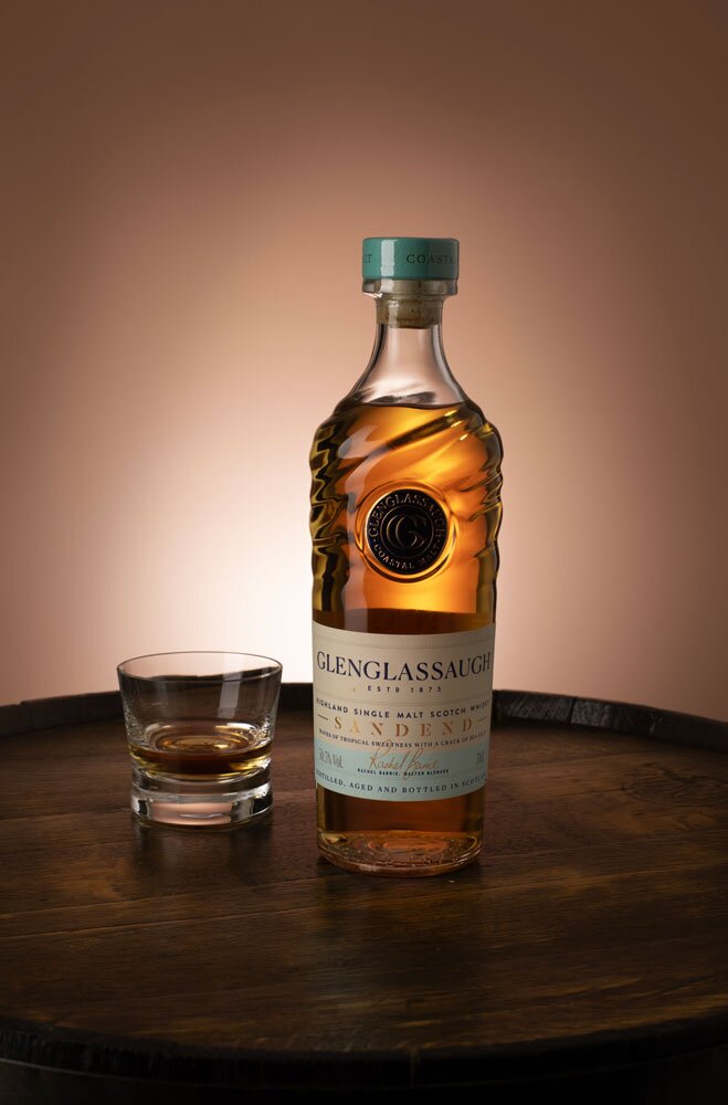 Glenglassaugh Sandend whisky bottle with glass