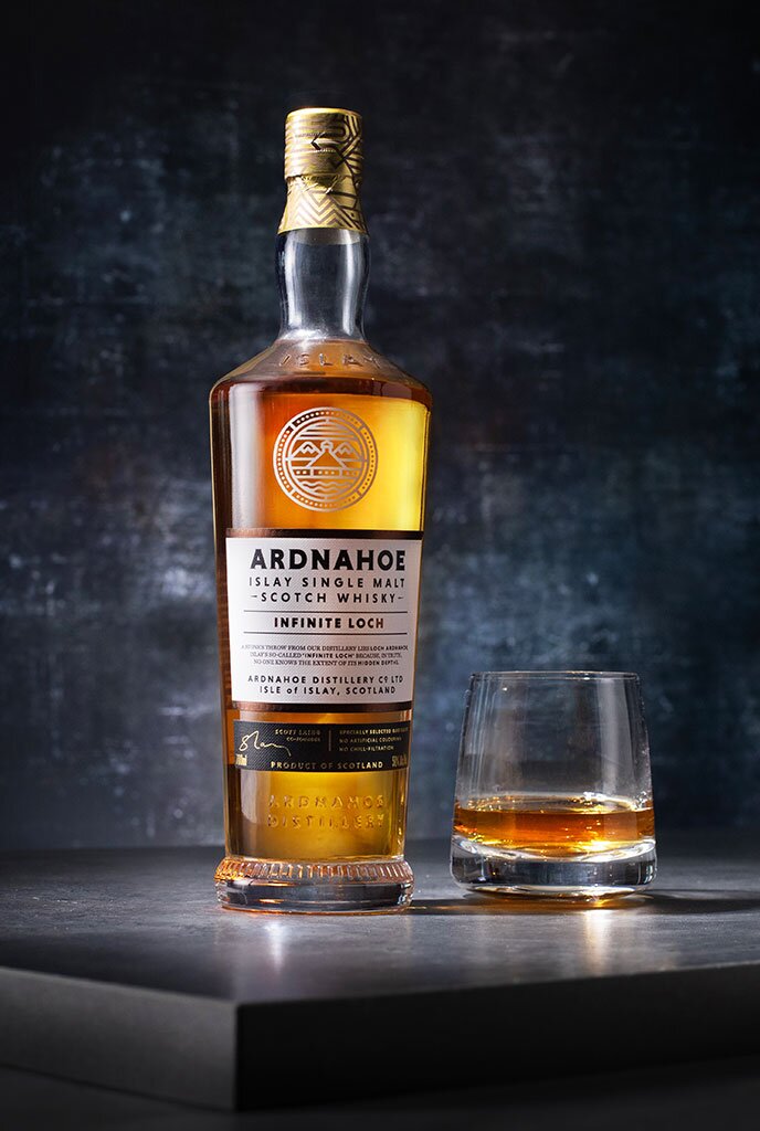 Ardnahoe Infinite Loch whisky bottle with glass
