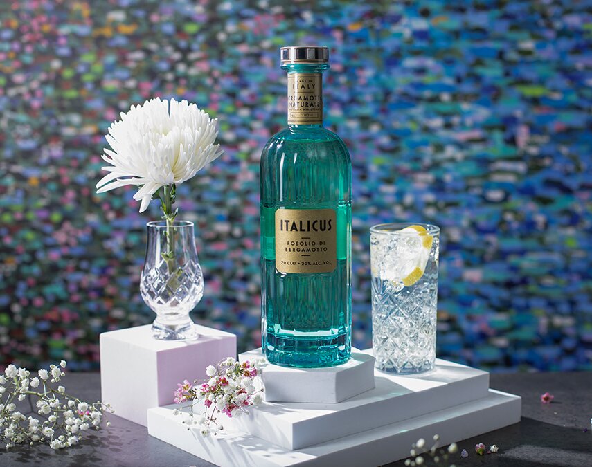 A bottle of Italicus Rosolio di Bergamotto.
