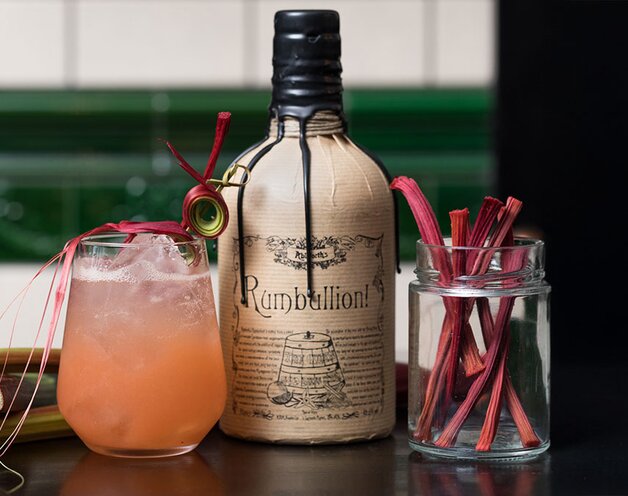 A bottle of Rumbullion! and a cocktail.