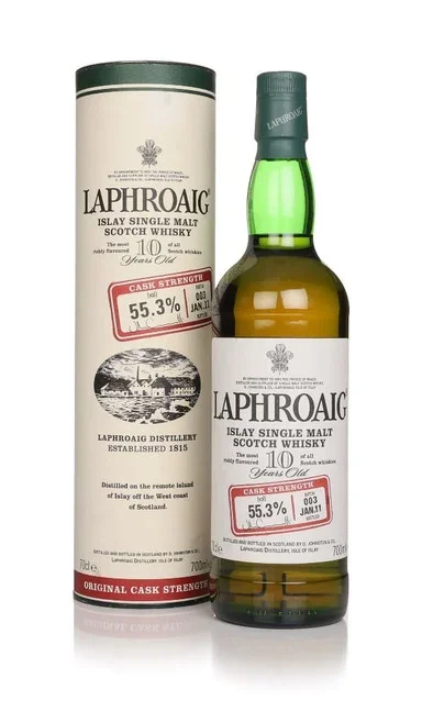A bottle of Laphroaig 10 Year Old Cask Strength Batch 003 Whisky