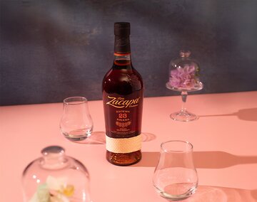 A bottle of Ron Zacapa Centenario Sistema Solera 23 Gift Pack with 2x Glasses.