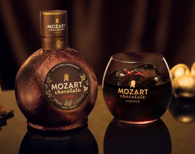 A bottle of Mozart Dark Chocolate Liqueur.