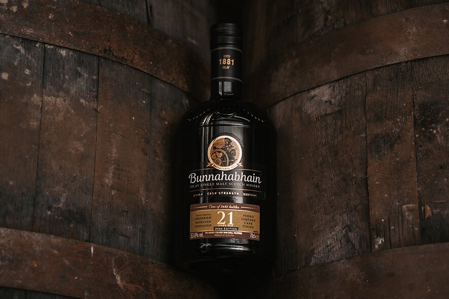A bottle of Bunnahabhain 21 year old on barrels. 
