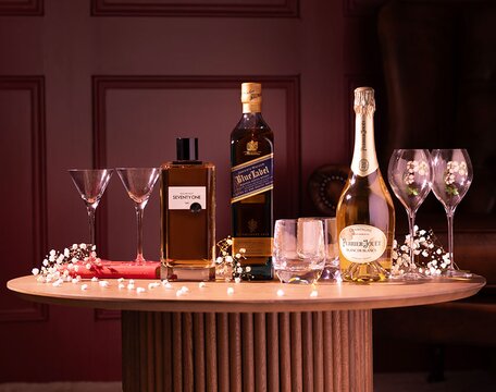 Bottles of luxury spirits and wines for valentines day