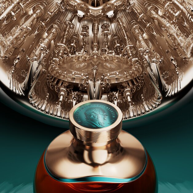 A close up of a bottle of the Glenlivet 55 Year Old next to its presentation stand.