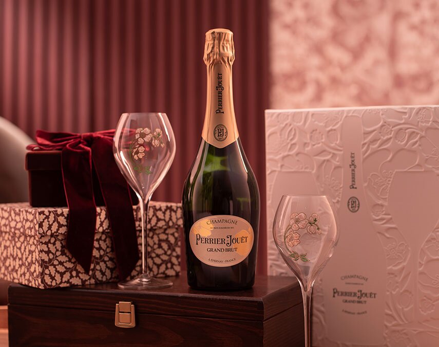 A bottle of Perrier-Jouët Grand Brut Gift Pack with 2x Flutes