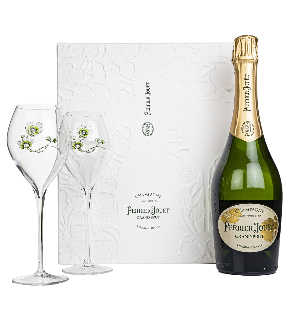 Perrier-Jouët Grand Brut Gift Pack with 2x Flutes and box.