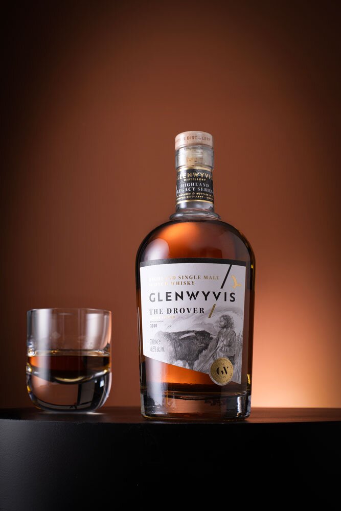 GlenWyvis The Highland Legacy Series 1: The Drover whisky bottle with glass
