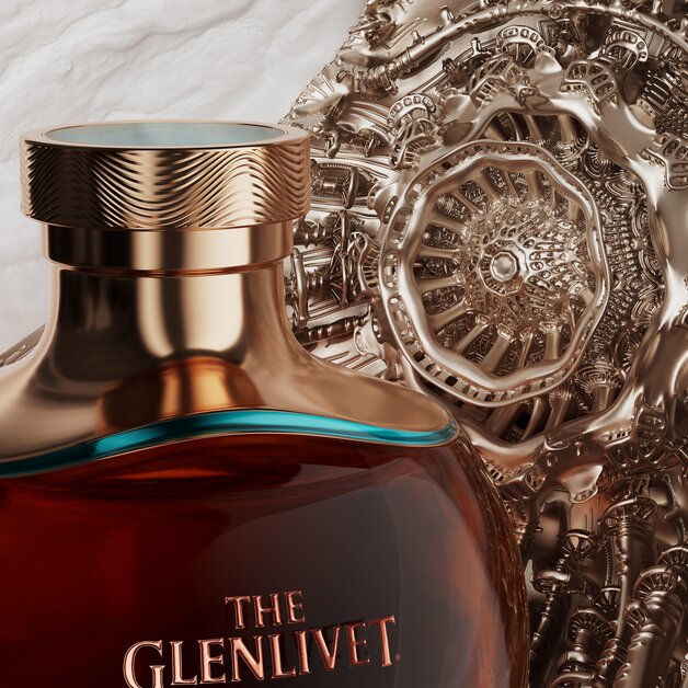 A close up of a bottle of the Glenlivet 55 Year Old next to its presentation stand.