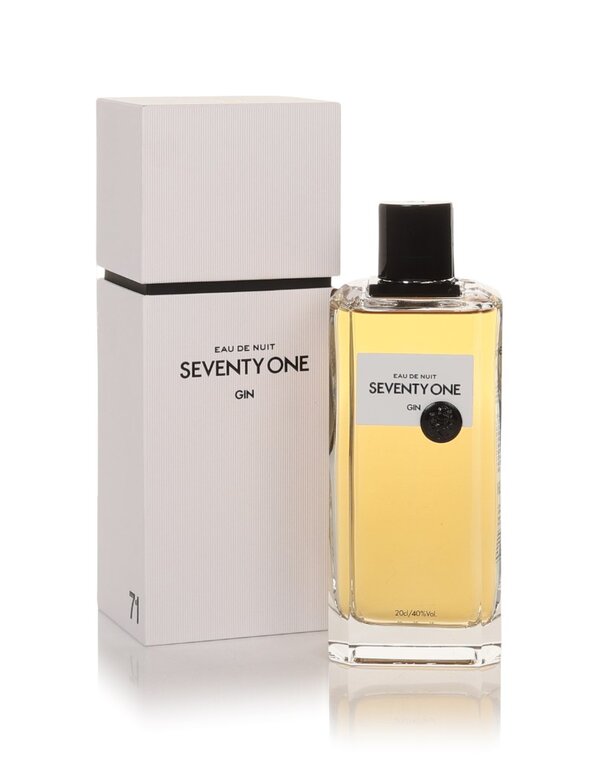 A bottle of Seventy One Gin Night Flask (20cl) next to its presentation box.