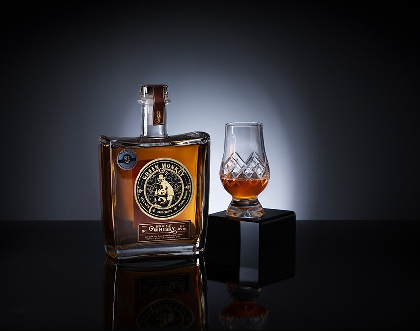 A bottle of Green Monkey Single Malt Whisky