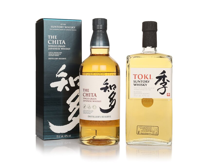 A bottle of The Chita Single Grain and Toki Suntory Whisky.