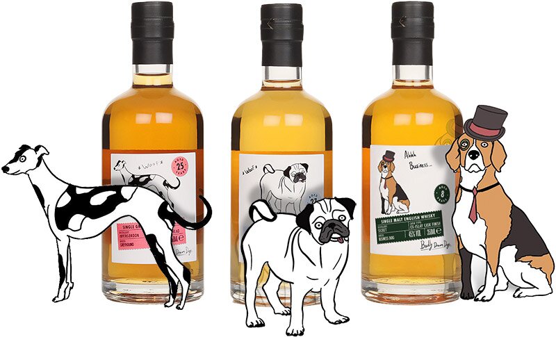 Some badly drawn dogs next to bottles of whisky