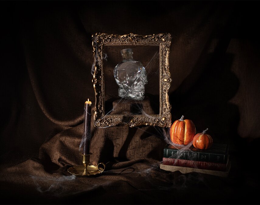 A bottle of Crystal Head Vodka.