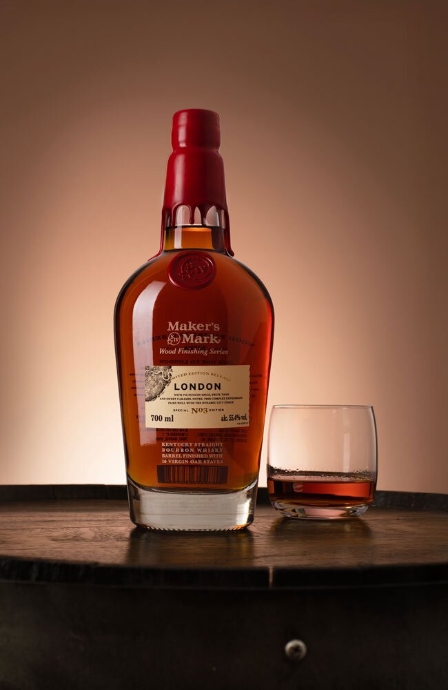 Maker’s Mark Wood Finishing Series London Edition whisky bottle with glass
