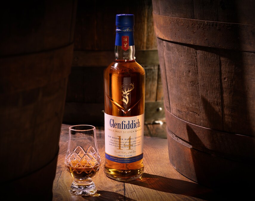 A bottle of Glenfiddich 14 Year Old - Bourbon Barrel Reserve.
