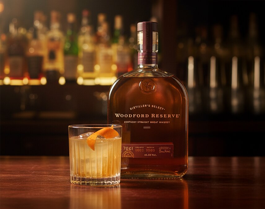 A bottle of Woodford Reserve Kentucky Straight Wheat Whiskey and old fashioned cocktail