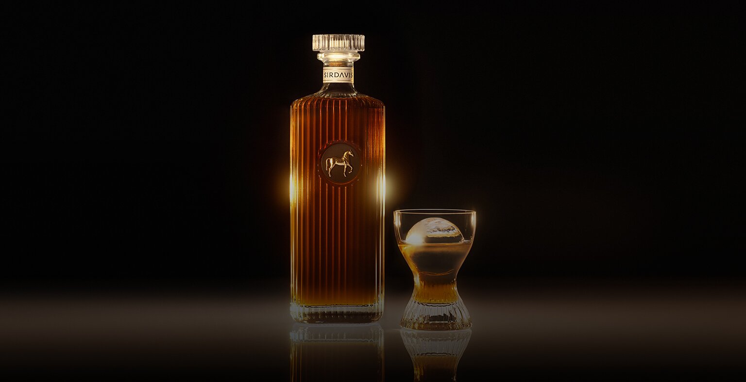 A bottle of SirDavis whiskey and a glass on a black background.