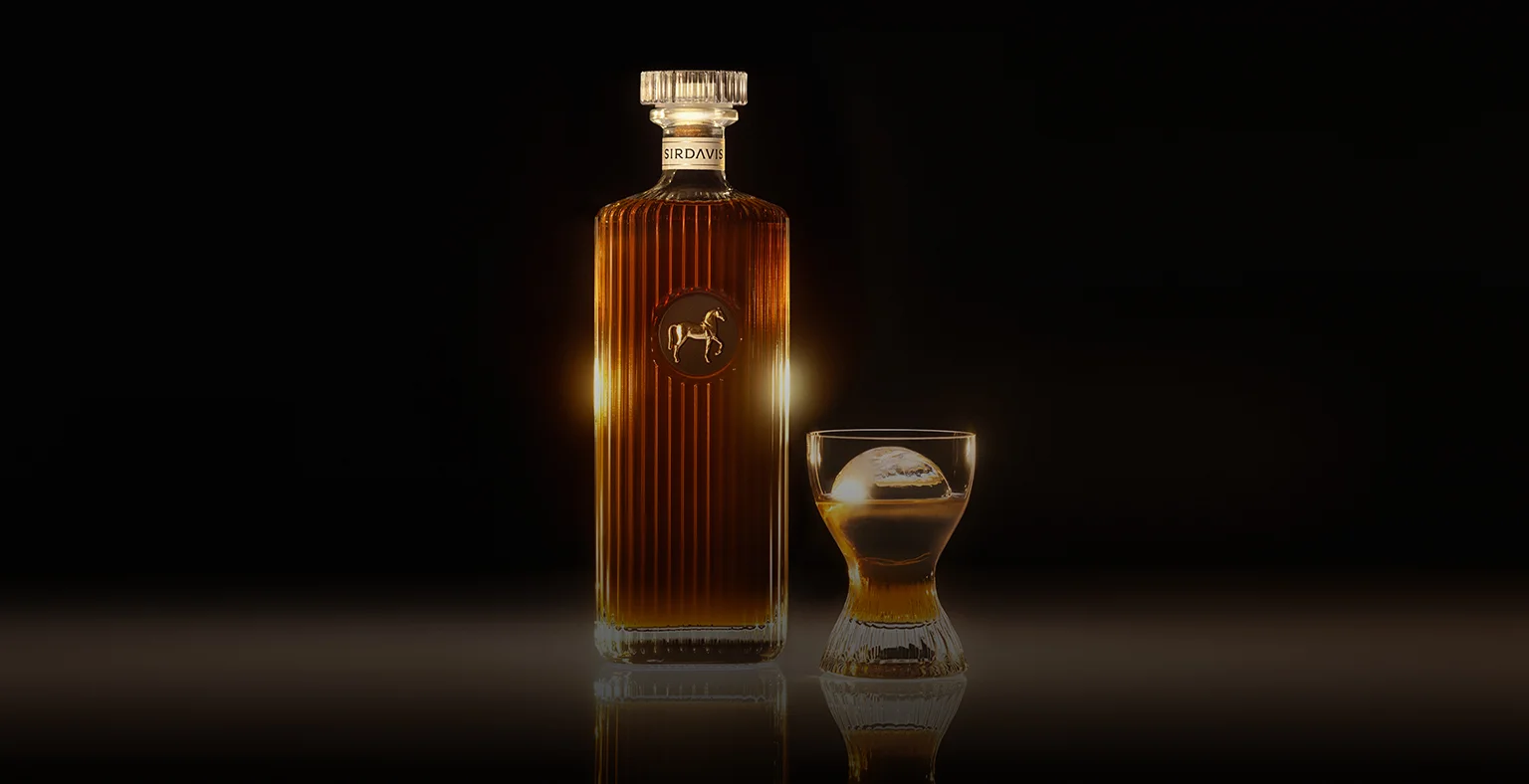 A bottle of SirDavis whiskey and a glass on a black background.