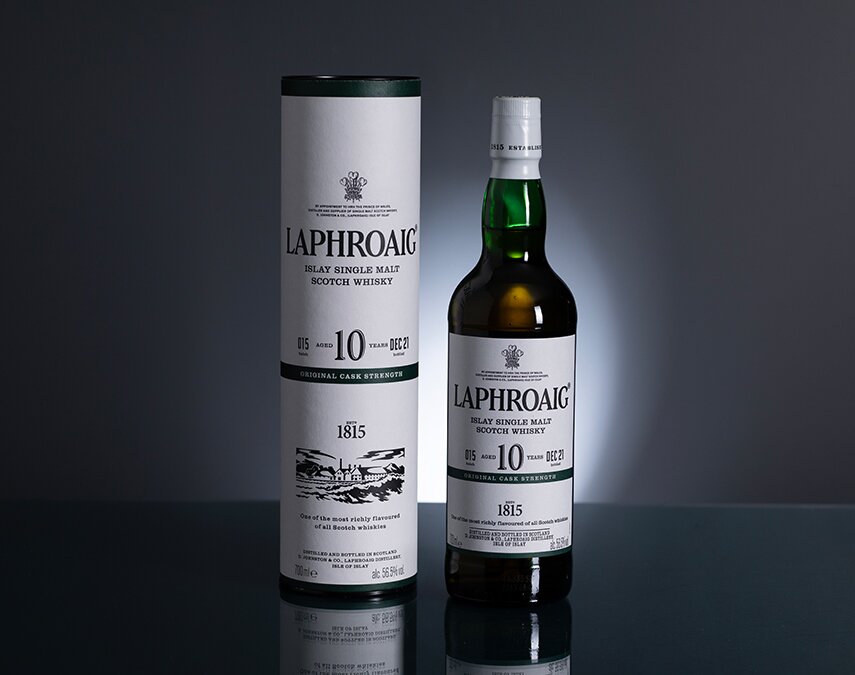 A bottle of Laphroaig 10 Year Old Cask Strength.