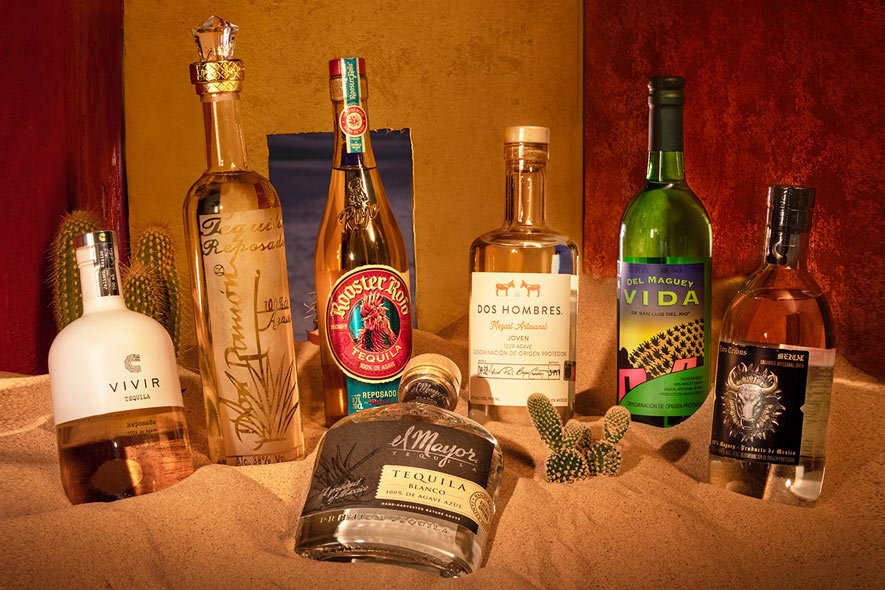 Selection of tequila and mezcal bottles
