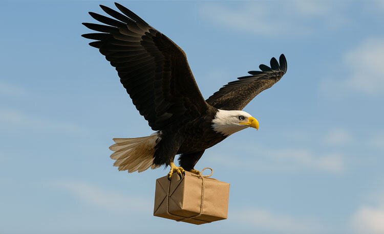 Bald Eagle carrying a delivery package