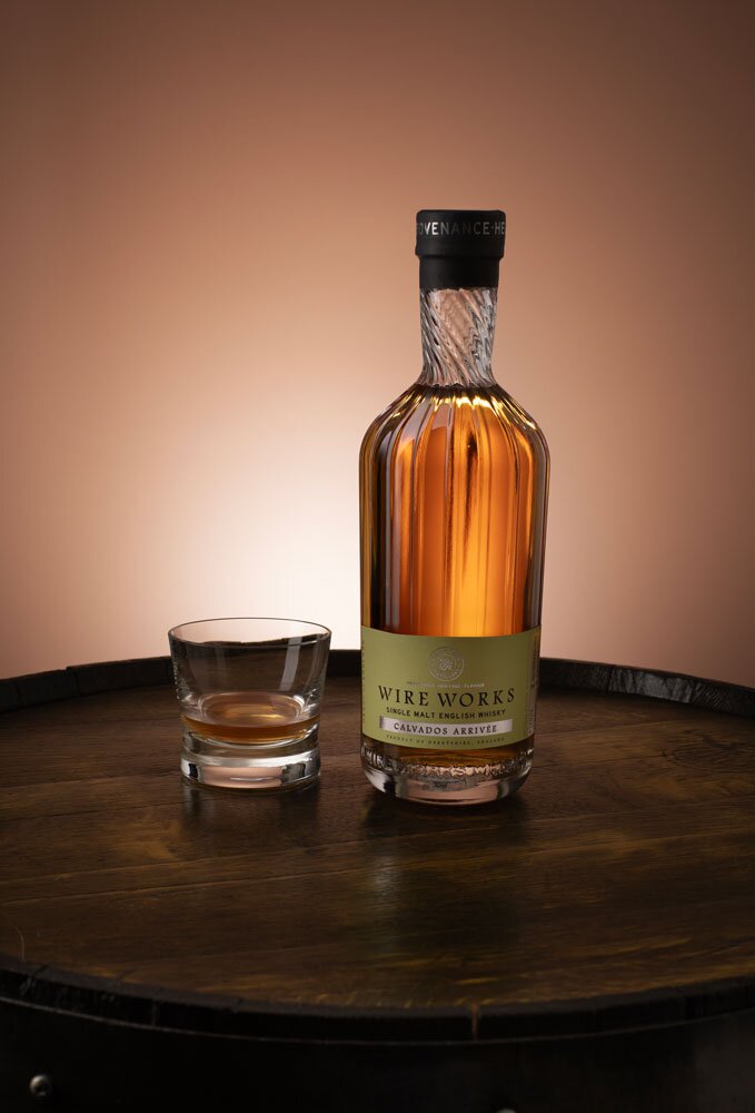 Wire Works Calvados Arrivée whisky bottle with glass