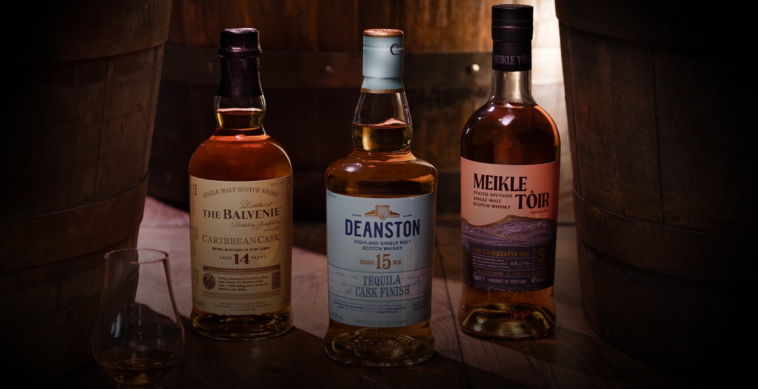 Bottles of Balvenie 15 YO Caribbean Cask, Deanston 15 YO Tequila Cask and Meikle Tòir The Chinquapin One.