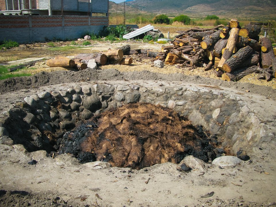 A sunken stone fire pit with a mound of crushed agave inside.
