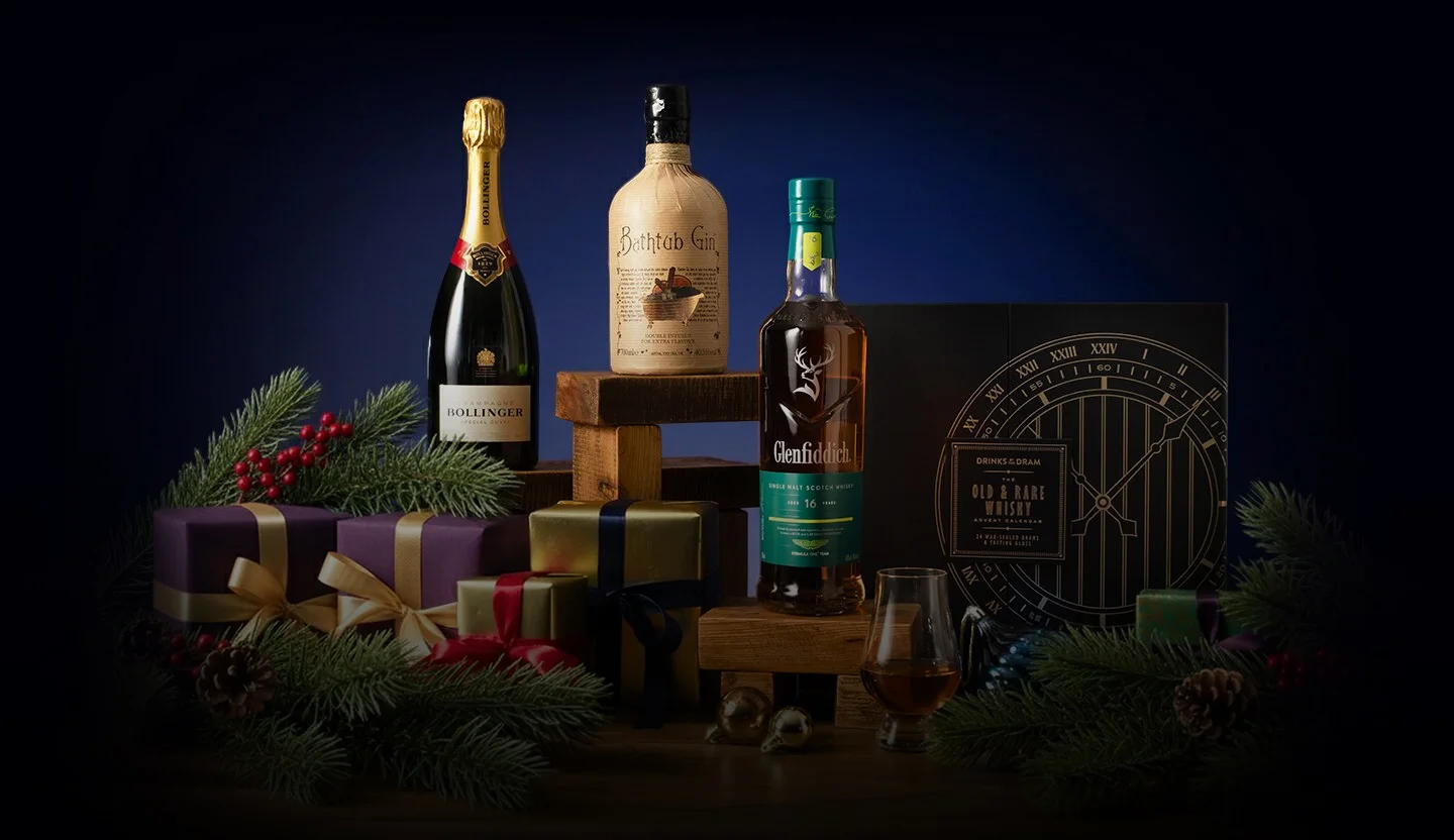 A selection of slcoholic bottles and tasting sets for Christmas gifts