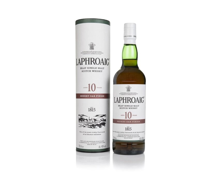 A bottle of Laphroaig 10 Year Old Sherry Oak Finish