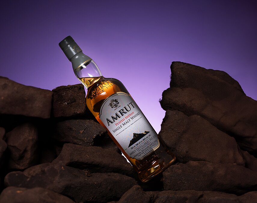 A bottle of Amrut Peated Single Malt Whisky