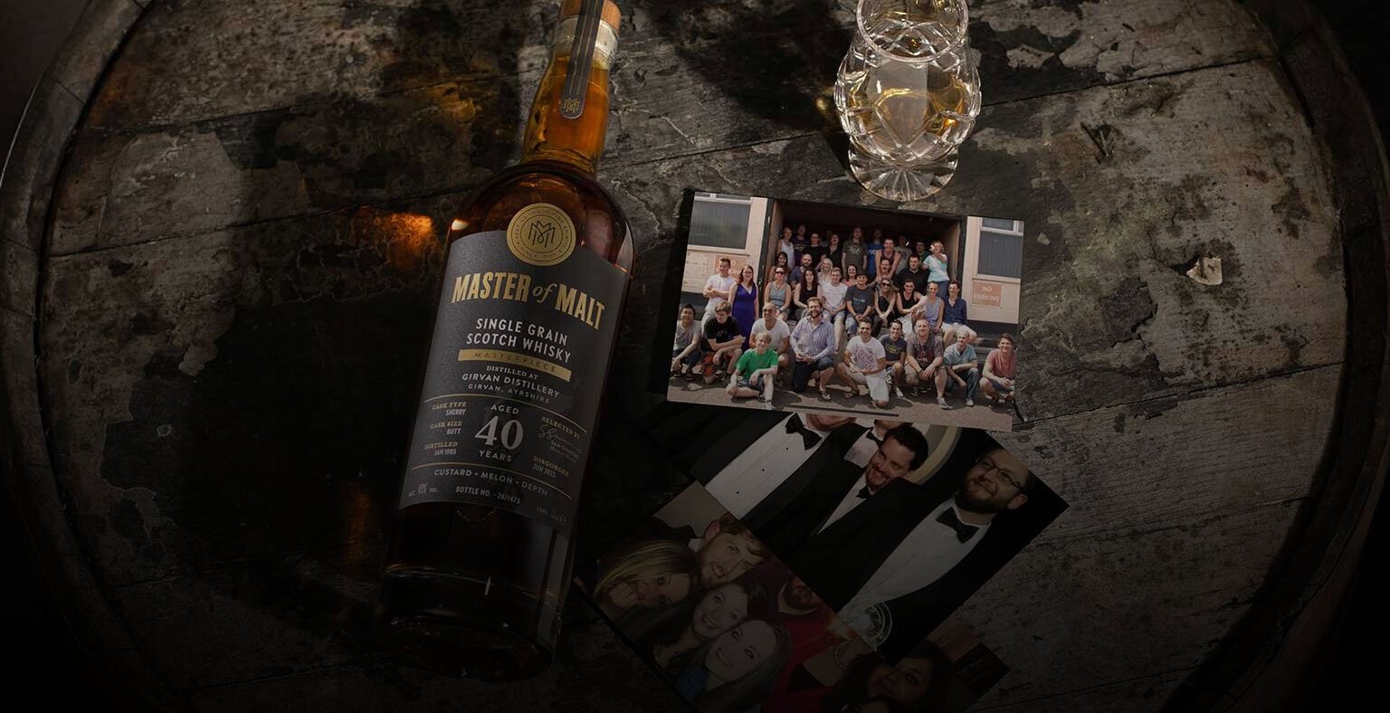 A bottle of Master of Malt Independent Bottling - Girvan 40 Year Old with photographs from Master of Malts history.